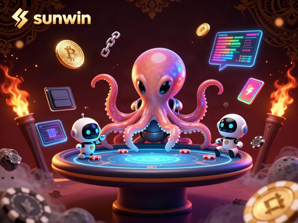 Sunwin players engaging in exciting gambling activities with colorful holographic poker elements.