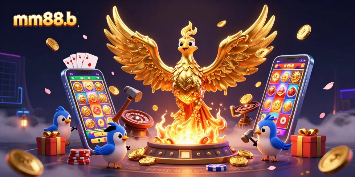 Engage in thrilling gameplay at mm88b with a melting phoenix and gaming elements in vivid detail.