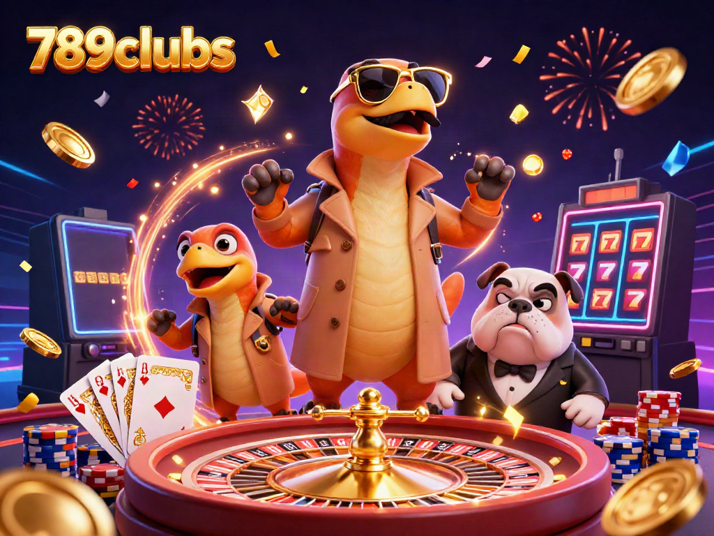 Experience thrilling gameplay at 789clubs with cartoon raptors sneaking into a VIP area, surrounded by gold coins.