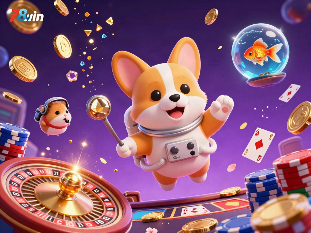 Experience the thrill of 78win in a zero gravity casino with vibrant characters and dynamic elements.