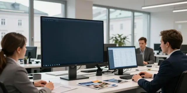 Immobilien Salzburg - Hochwertige Büroansicht eines Immobilienmaklerteams mit moderner Technologie und realistischen Marktanalysen.