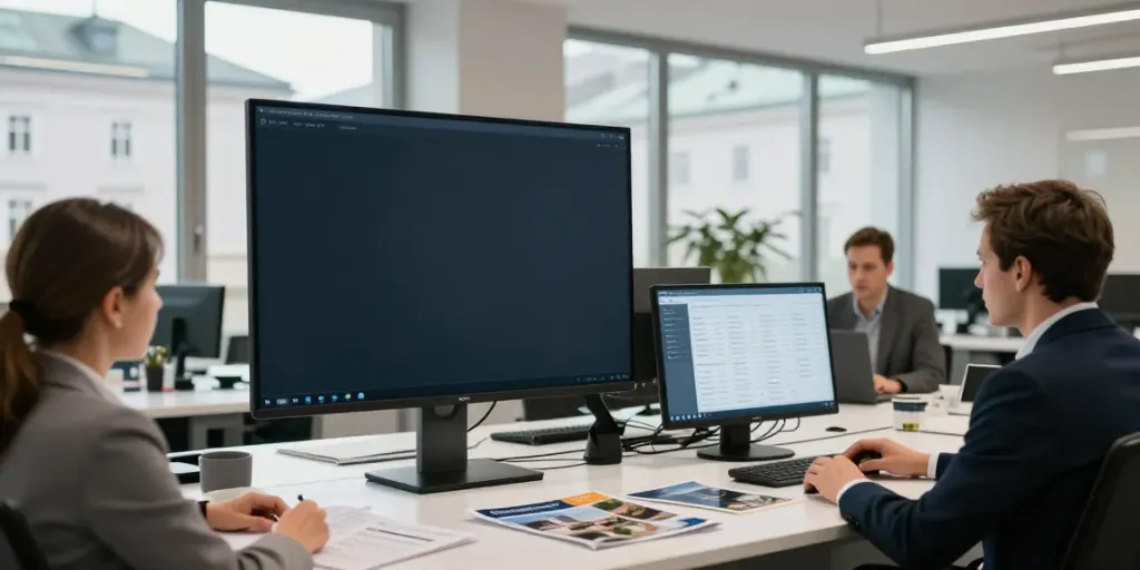 Immobilien Salzburg - Hochwertige Büroansicht eines Immobilienmaklerteams mit moderner Technologie und realistischen Marktanalysen.