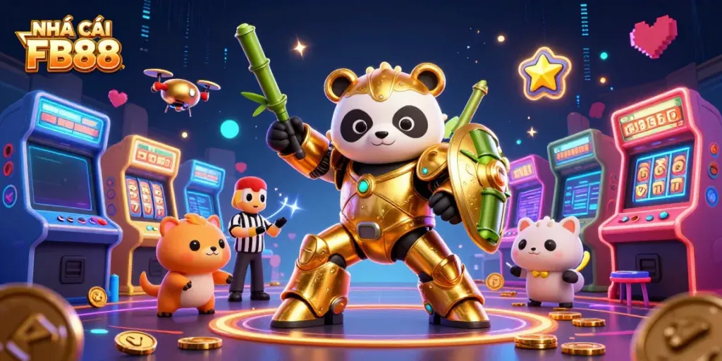Experience thrilling bets at NHÀ CÁI FB88 with 3D colorful arcade game elements surrounding an engaging casino scene.