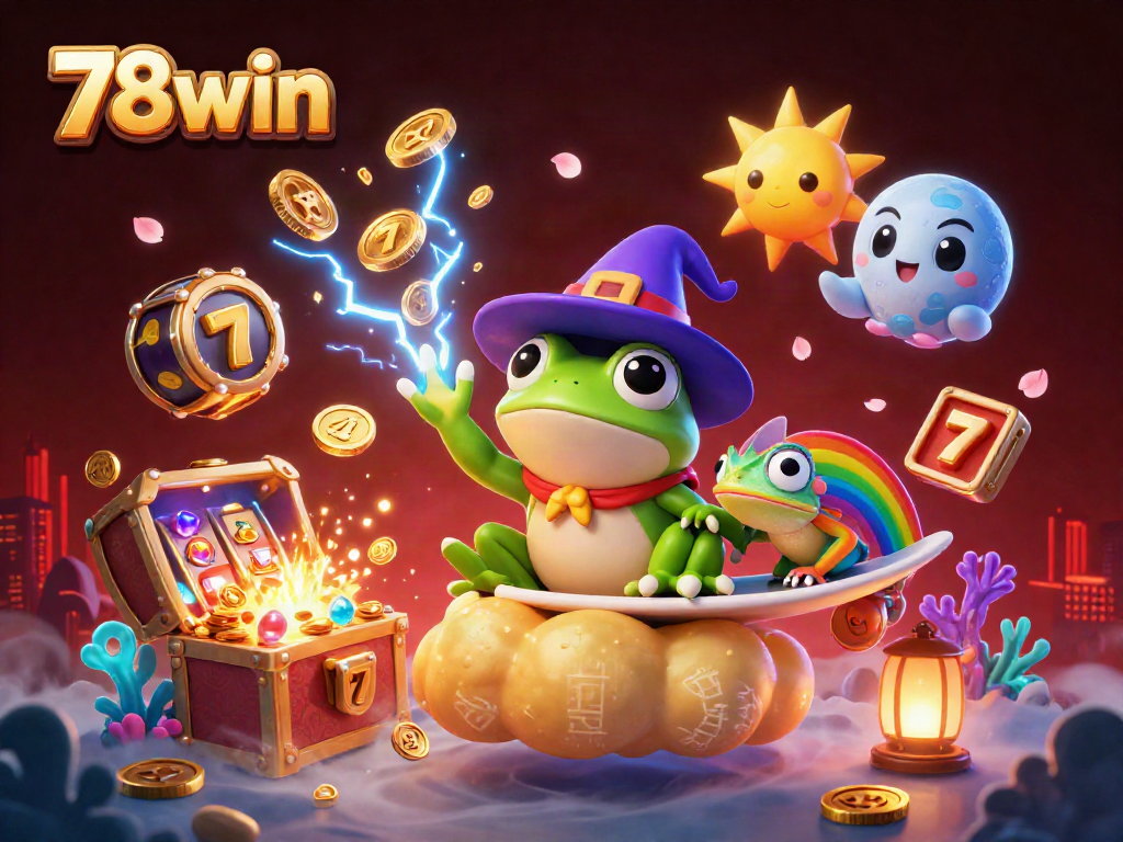 Engage in exciting slots action at 78win with a whimsical scene of lucky characters and golden rewards.