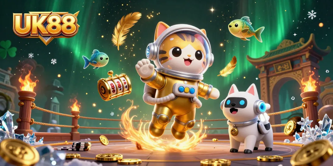 Engage with the vibrant UK88 scene featuring an astronaut cat and robot dog in a dynamic casino adventure.