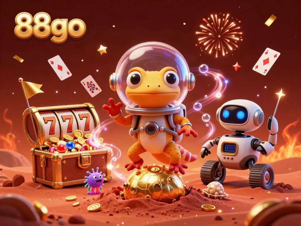 Experience winning excitement at 88go with a Martian gecko cartoon character discovering a vibrant casino.