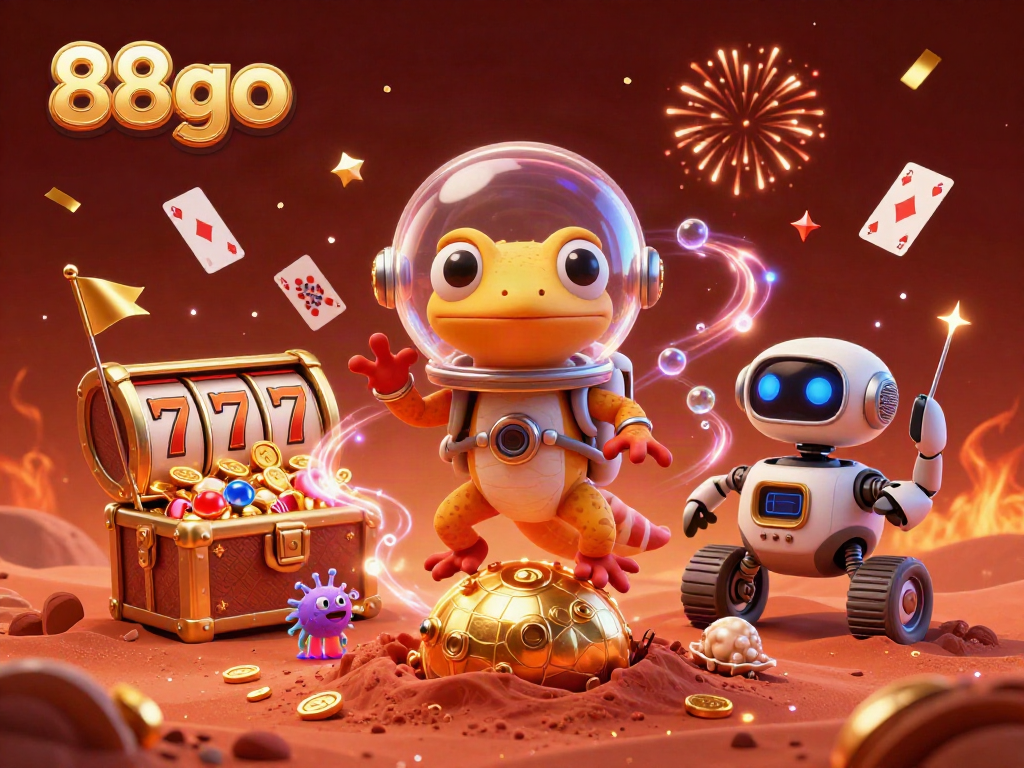 Experience winning excitement at 88go with a Martian gecko cartoon character discovering a vibrant casino.