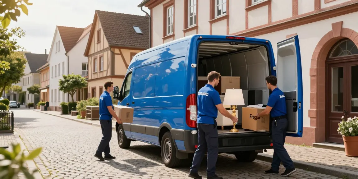 Umzugsunternehmen Speyer - Professionelle Umzugshelfer laden Möbel in ein Umzugsfahrzeug vor historischer Altstadt.