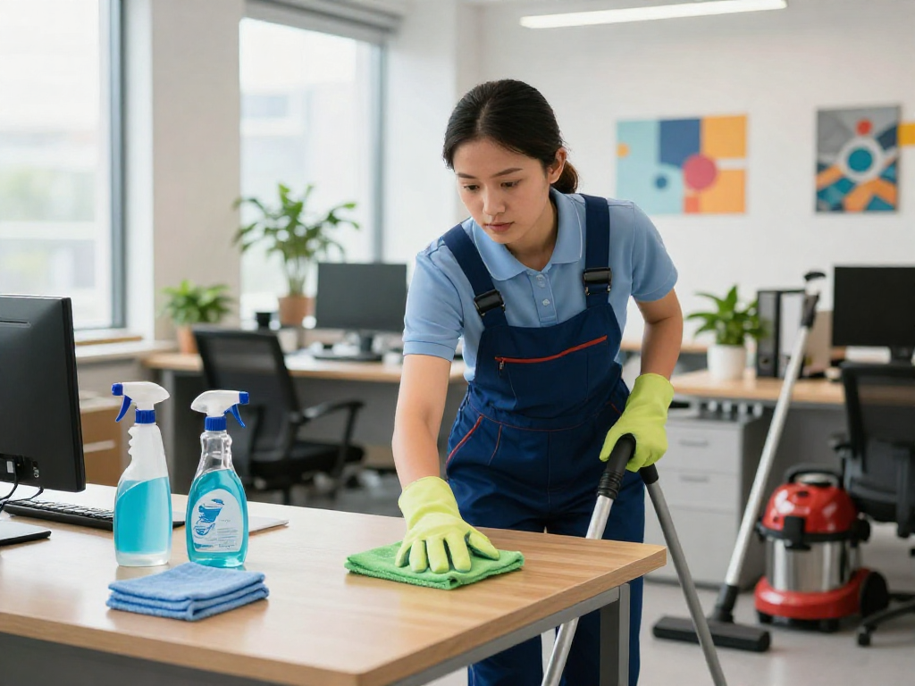 Büroreinigung Göttingen - Professioneller Reinigungskraft reinigt Schreibtische in einem modernen, hellen Büro.