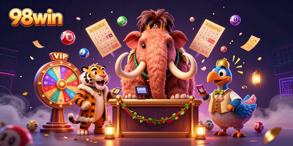 Experience excitement at 98win with a vibrant scene of a woolly mammoth bouncer checking IDs amidst lively gambling elements.