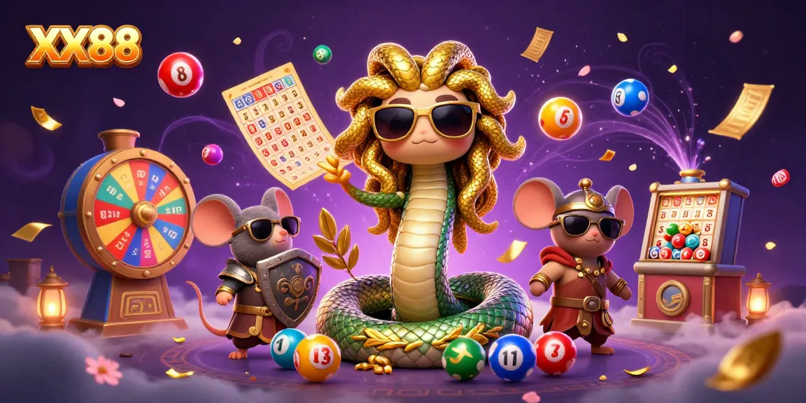 Engage in exciting games at XX88 with a vibrant scene of a friendly Medusa and lively game elements.