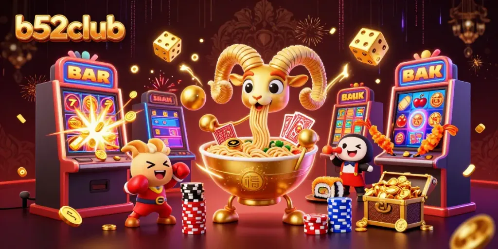 Engage with b52club at this vibrant 3D casino scene, featuring a golden ramen bowl character interacting with slot machines and casino elements.