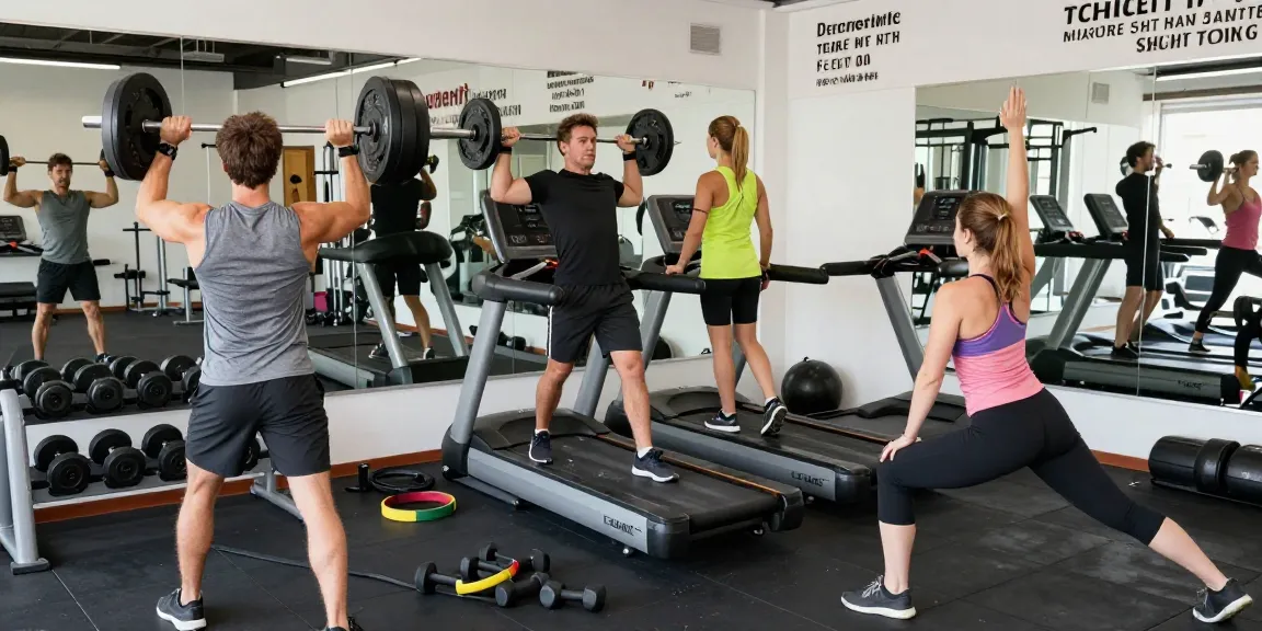 Aktive Athleten im Anabolika Shop Fitnessstudio, die an verschiedenen Geräten trainieren.
