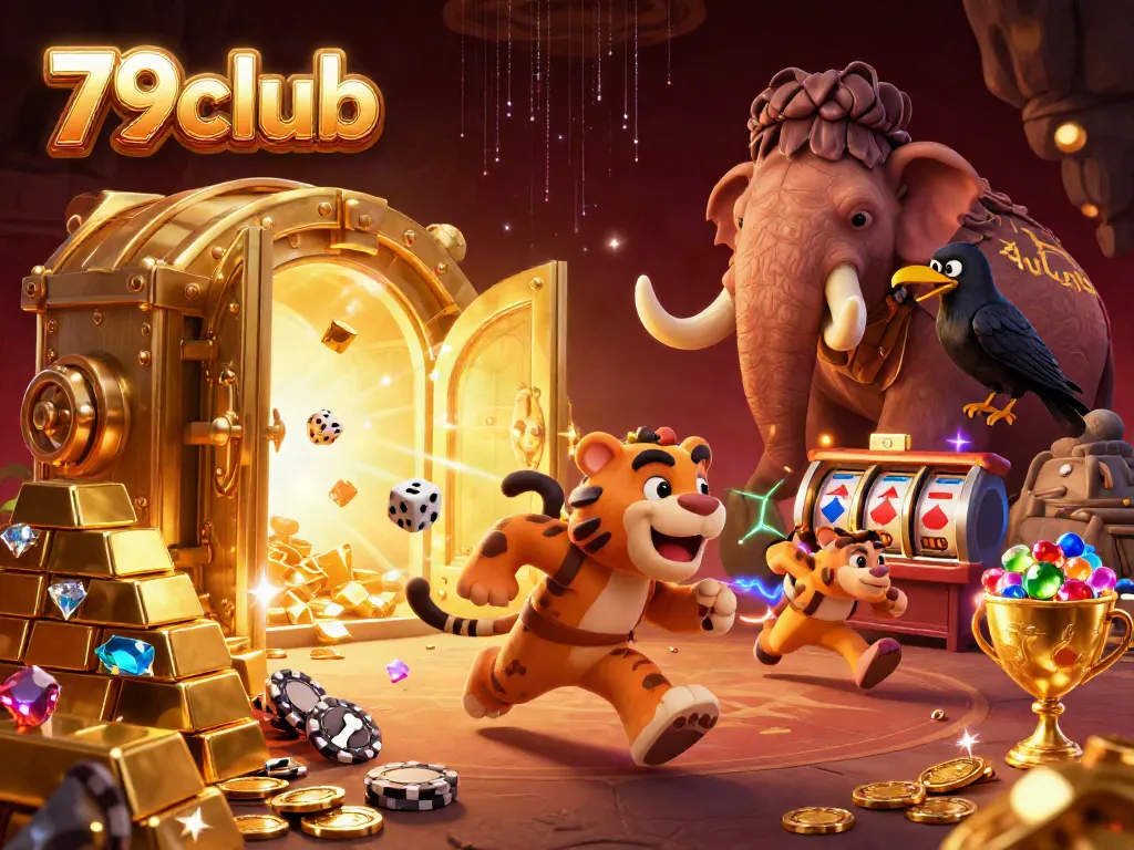 Engage in thrilling gameplay at 79club with 3D cartoon characters in a vibrant casino scene filled with treasures.