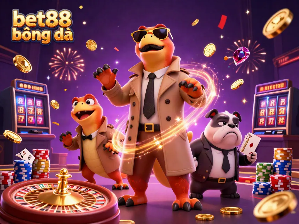 Experience bet88 bóng đá excitement with playful raptors and vibrant casino elements in this dynamic illustration.