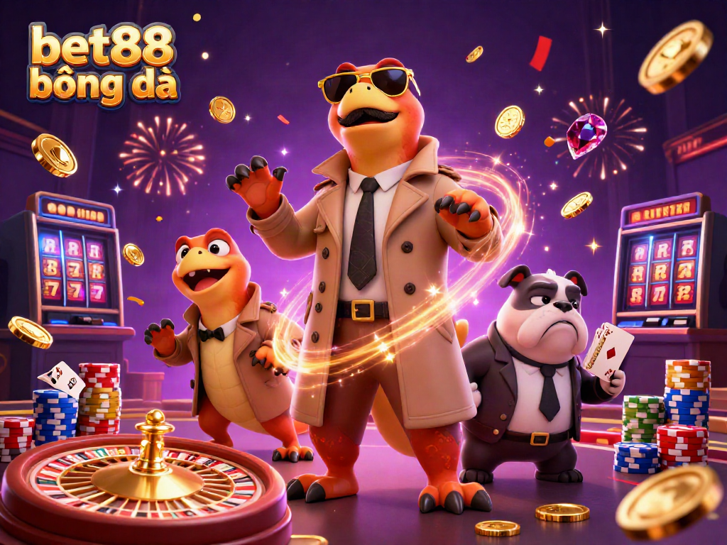 Experience bet88 bóng đá excitement with playful raptors and vibrant casino elements in this dynamic illustration.