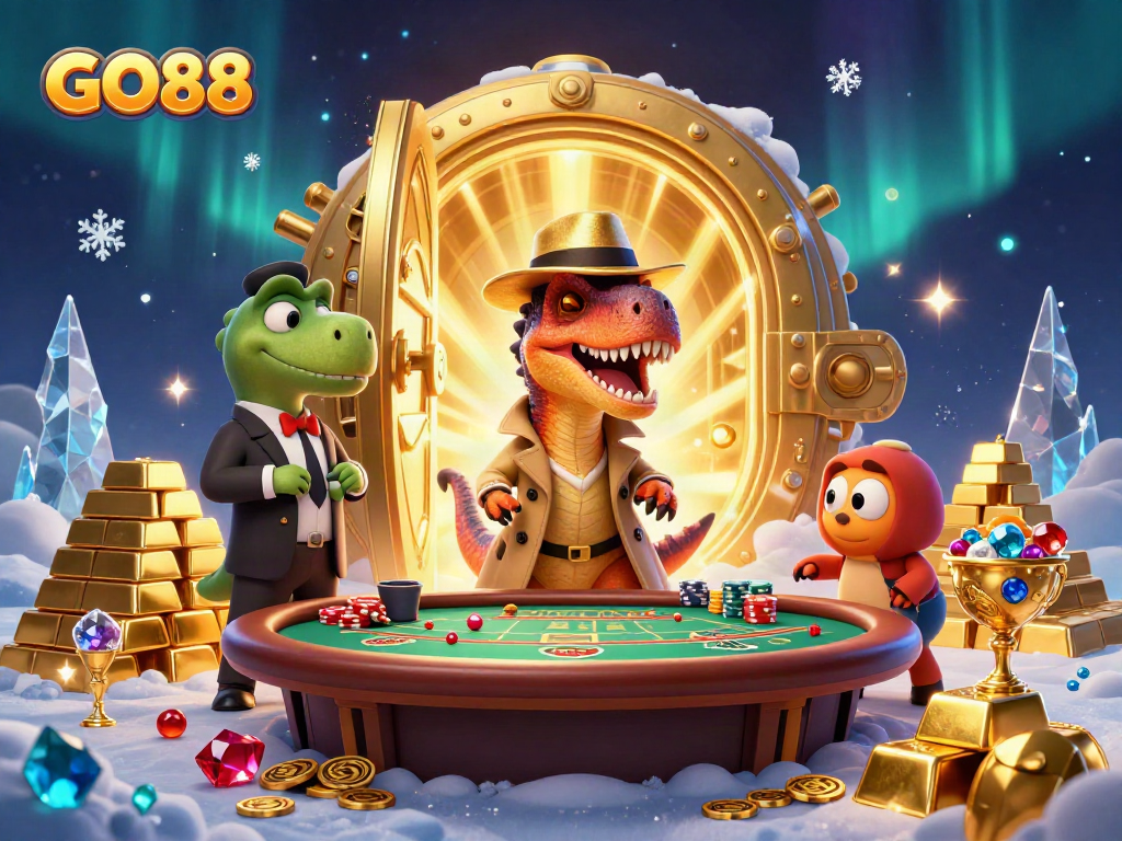 Experience exciting gameplay at GO88 with a velociraptor card counter and treasure-filled casino scene.