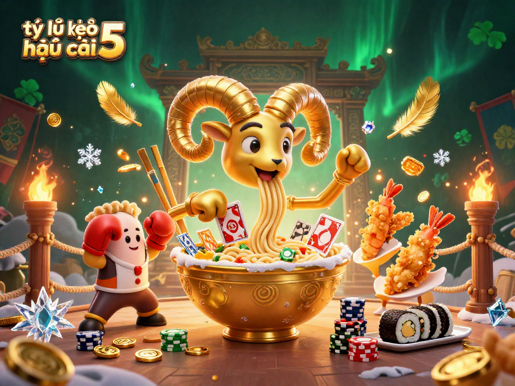 Engage with tỷ lệ kèo nhà cái 5 through an exciting casino scene featuring a giant ramen bowl character and friends.
