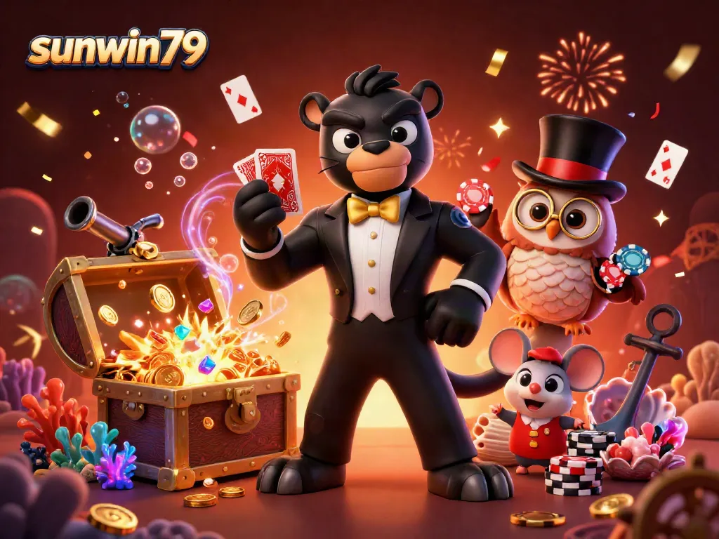 Engaging scene with sunwin79 mascot characters dealing cards and celebrating in an exciting casino environment.