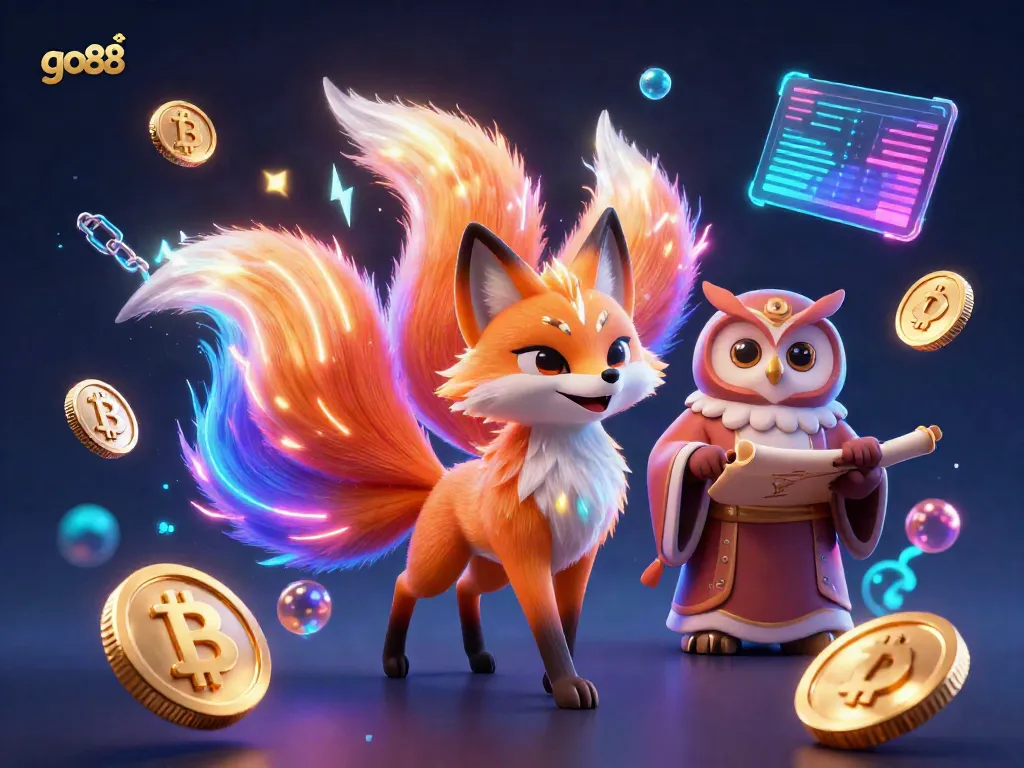 Experience the vibrant casino world with go88 as a mystical fox spirit meets an owl sage in a dynamic colorful scene.
