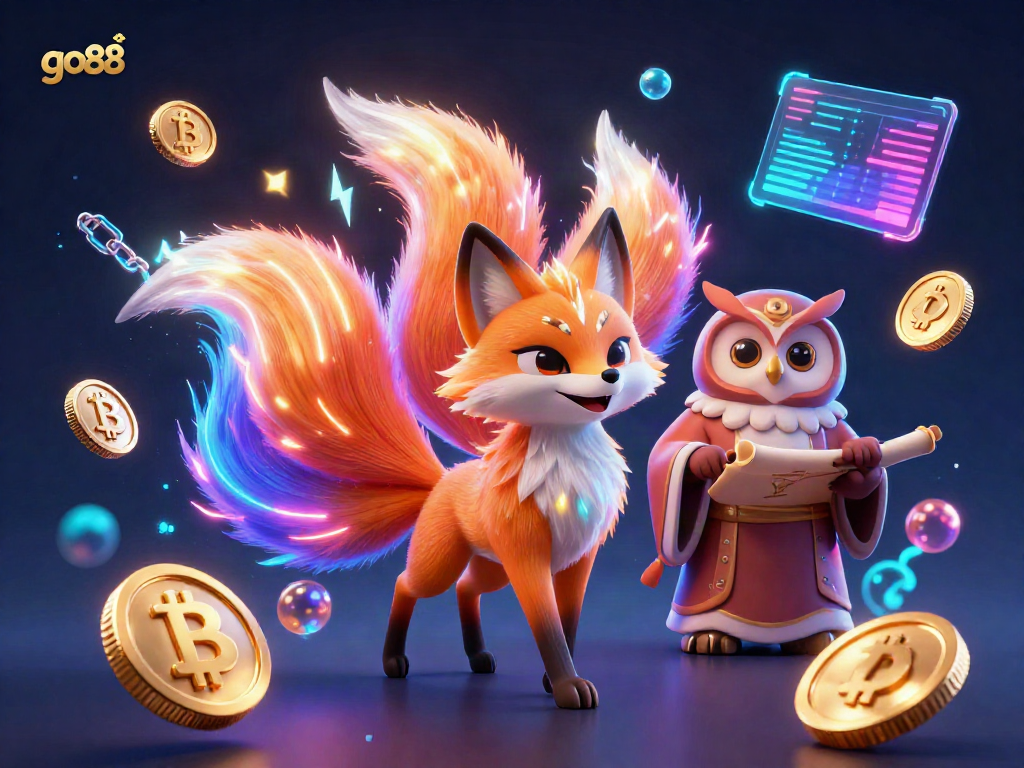 Experience the vibrant casino world with go88 as a mystical fox spirit meets an owl sage in a dynamic colorful scene.