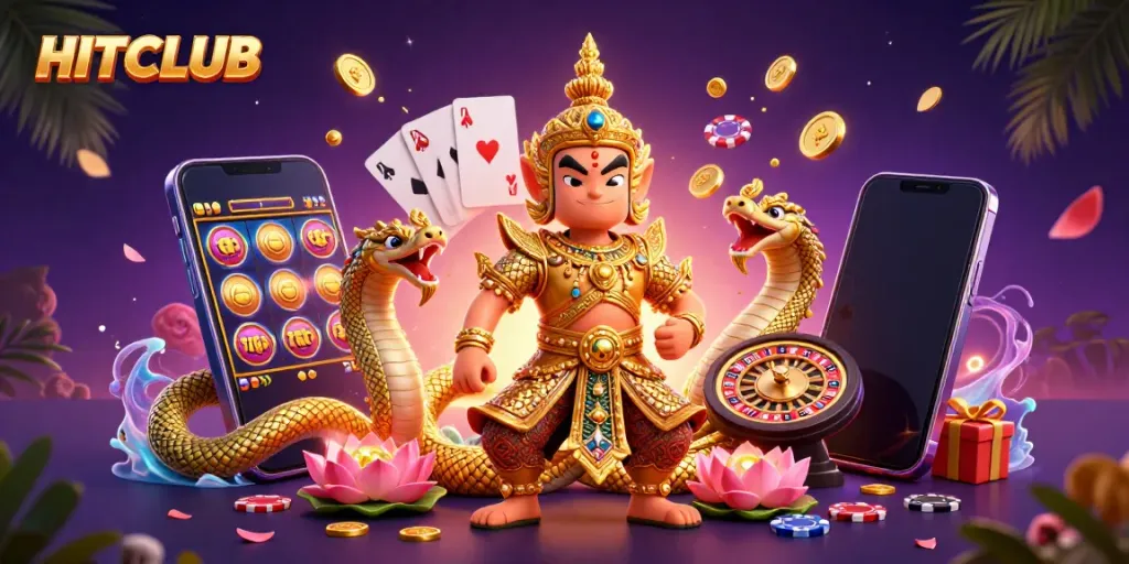Engage with HITCLUB's thrilling gaming scene featuring detailed characters and vibrant casino elements.