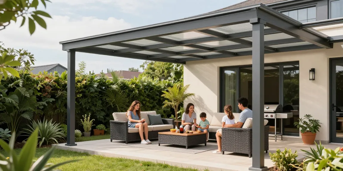 Moderne Terrassenüberdachung mit Familie, die einen sonnigen Tag genießt.