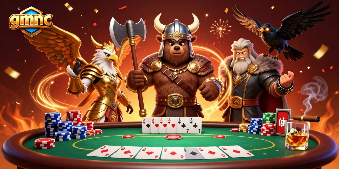 Experience thrilling poker action with GMNC as Viking warriors celebrate wins at a casino table.