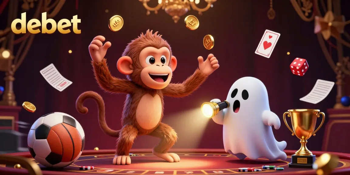 Experience the thrill of debet as a mischievous poltergeist monkey juggles gold coins and cards in a dynamic casino scene.