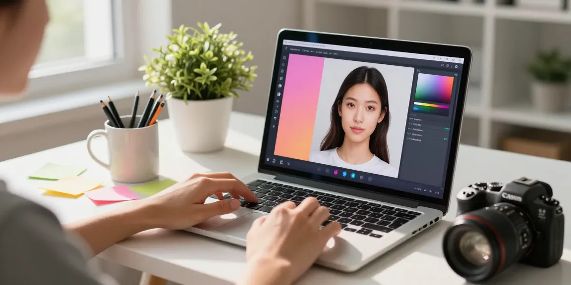 Bild eines Nutzers, der Gesichtstausch-Technologie auf einem Laptop ausprobiert, lebendige grafische Benutzeroberfläche sichtbar.
