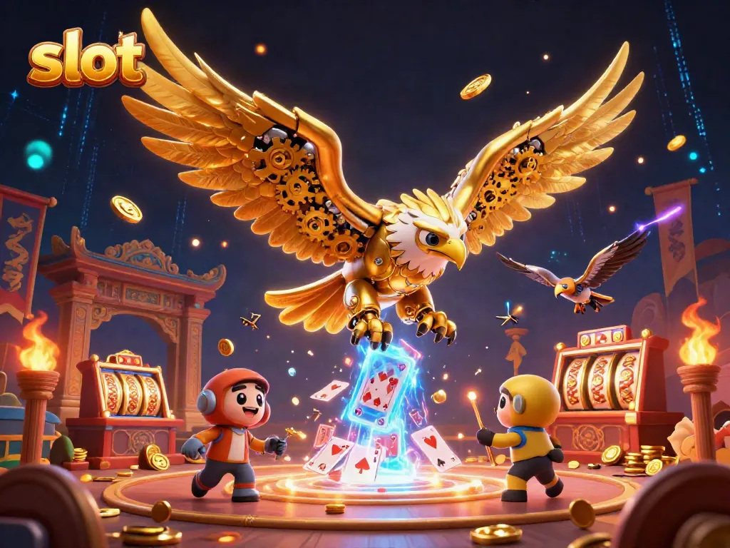 Engage with slot games in an energetic scene featuring a cybernetic golden eagle amid jackpot symbols and vibrant casino elements.