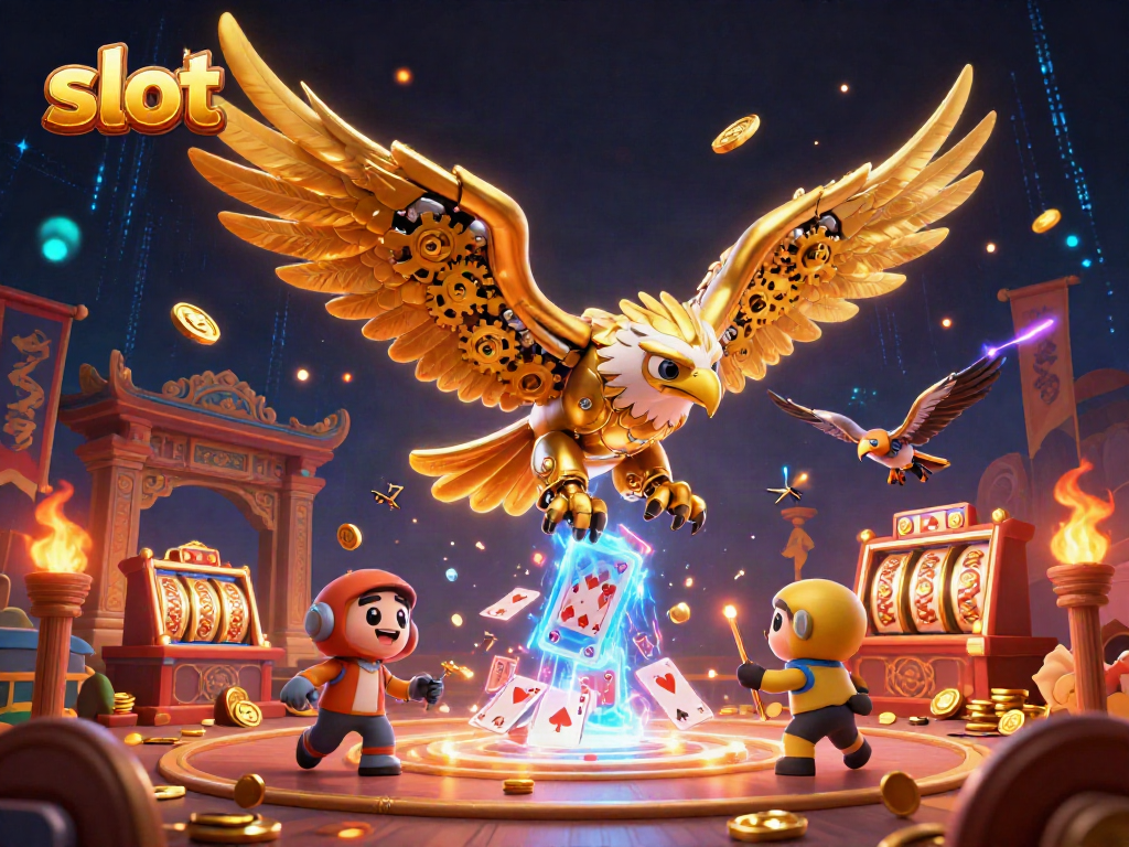 Engage with slot games in an energetic scene featuring a cybernetic golden eagle amid jackpot symbols and vibrant casino elements.