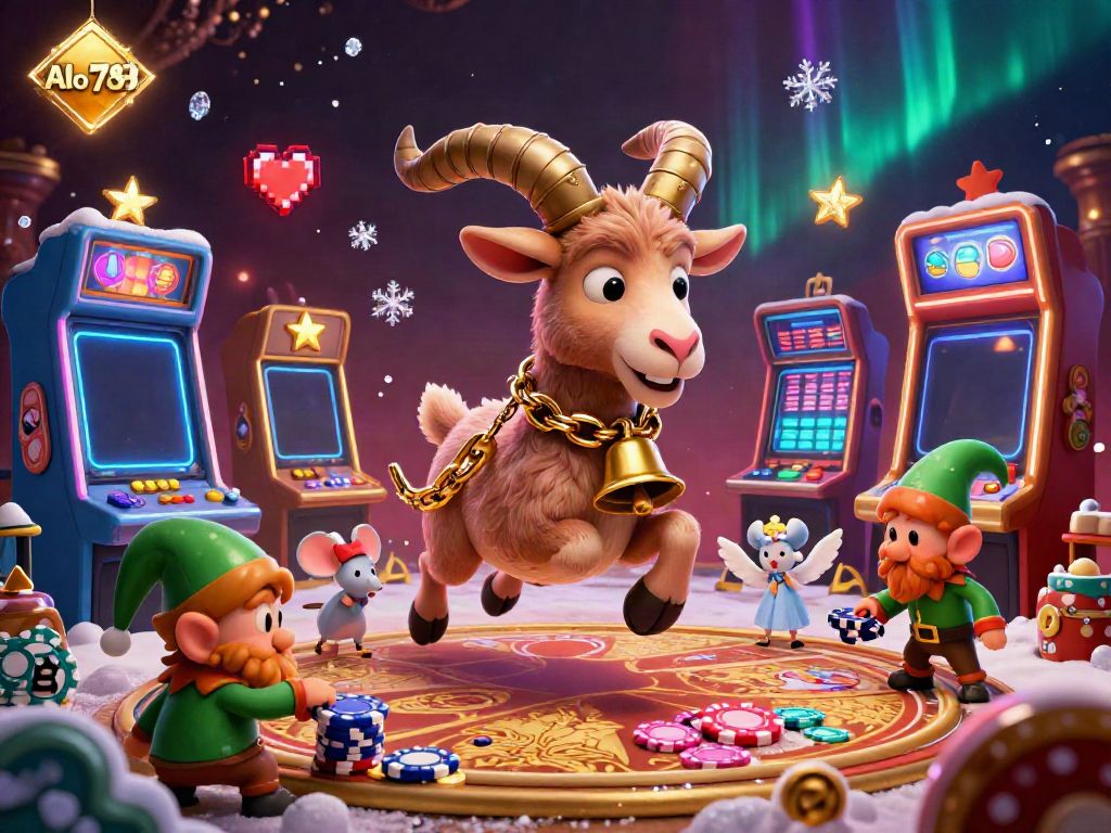 Alo789 features a festive online casino scene with a Krampus goat and mischievous elves stealing chips.