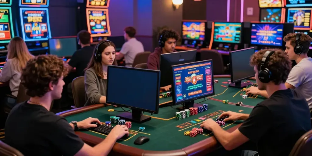 Engaged players at UK88 gaming booth showcasing diverse games at https://uk88.ad/ in a vibrant lounge.
