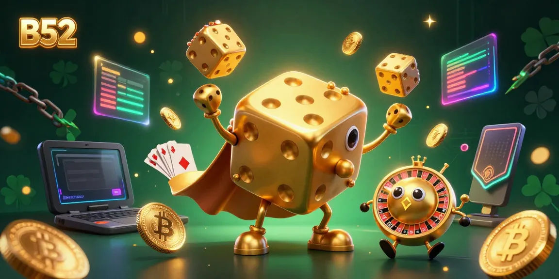 B52 casino promotional art with a golden dice golem juggling smaller dice, surrounded by crypto coins and gaming elements.