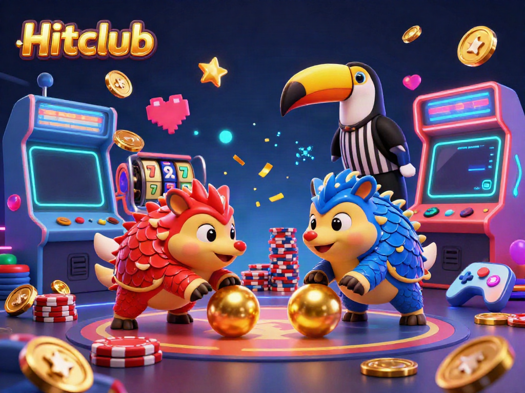 Experience the excitement of Hitclub with pangolins bowling through poker chips in a lively casino scene.