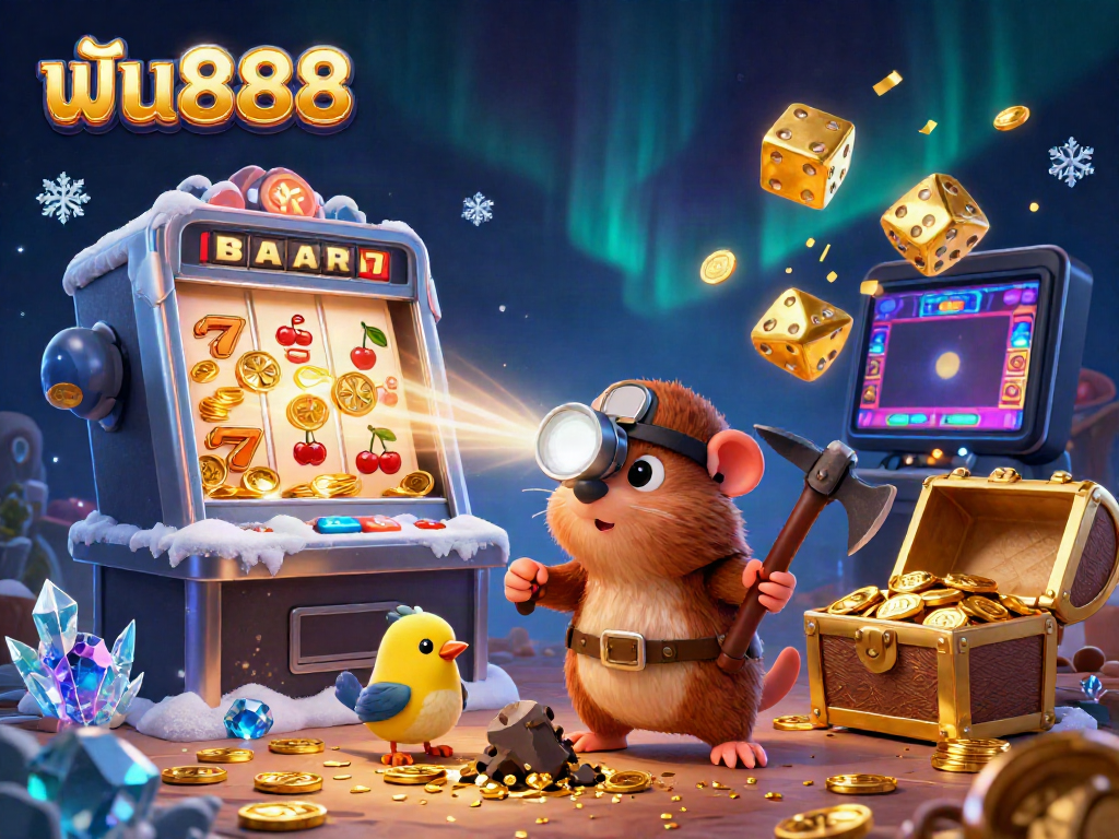 Experience exhilarating fun with ฟัน888 as the mole and canary triumph over golden wins in this dynamic casino-themed illustration.