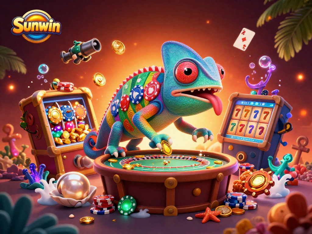 Experience the vibrant world of Sunwin casino games with a chameleon-themed scene packed with dynamic elements.