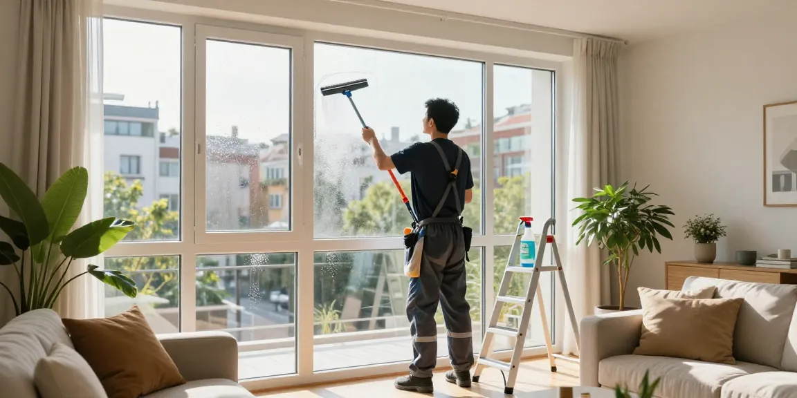 Professional fensterreinigung solothurn service showcasing a cleaner washing sunlit windows in a vibrant living room.