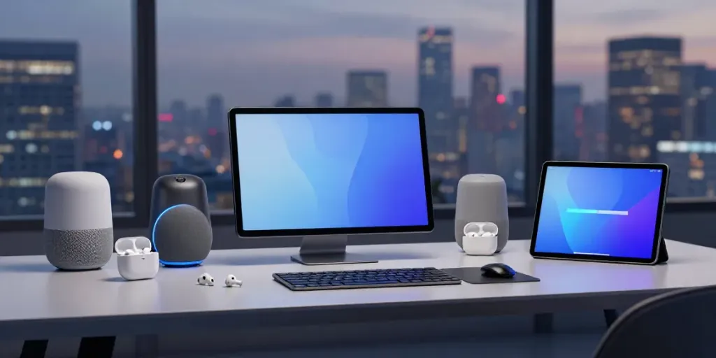 Innovative Gadgets, darunter Smartphones und Tablets, in modernem Büro mit technologischem Hintergrund, das Effizienz demonstriert.