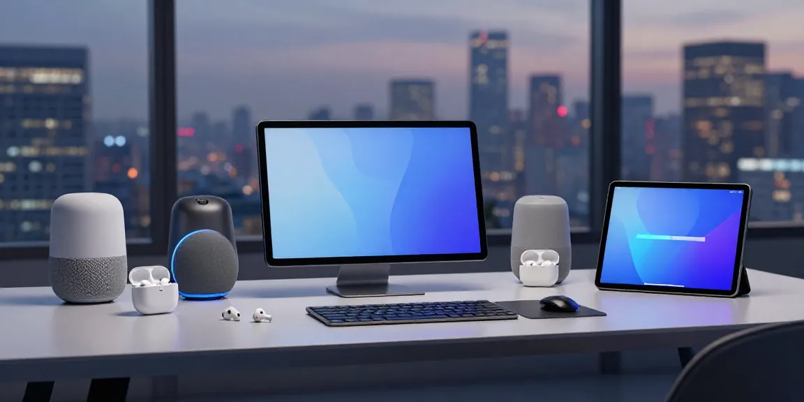 Innovative Gadgets, darunter Smartphones und Tablets, in modernem Büro mit technologischem Hintergrund, das Effizienz demonstriert.