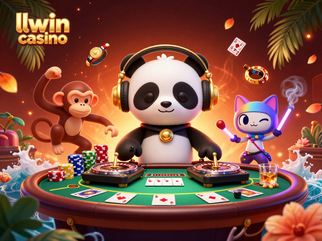 Join the adventure at llwin casino with a DJ panda, dancing monkey, and rave kitten amidst vibrant casino elements.