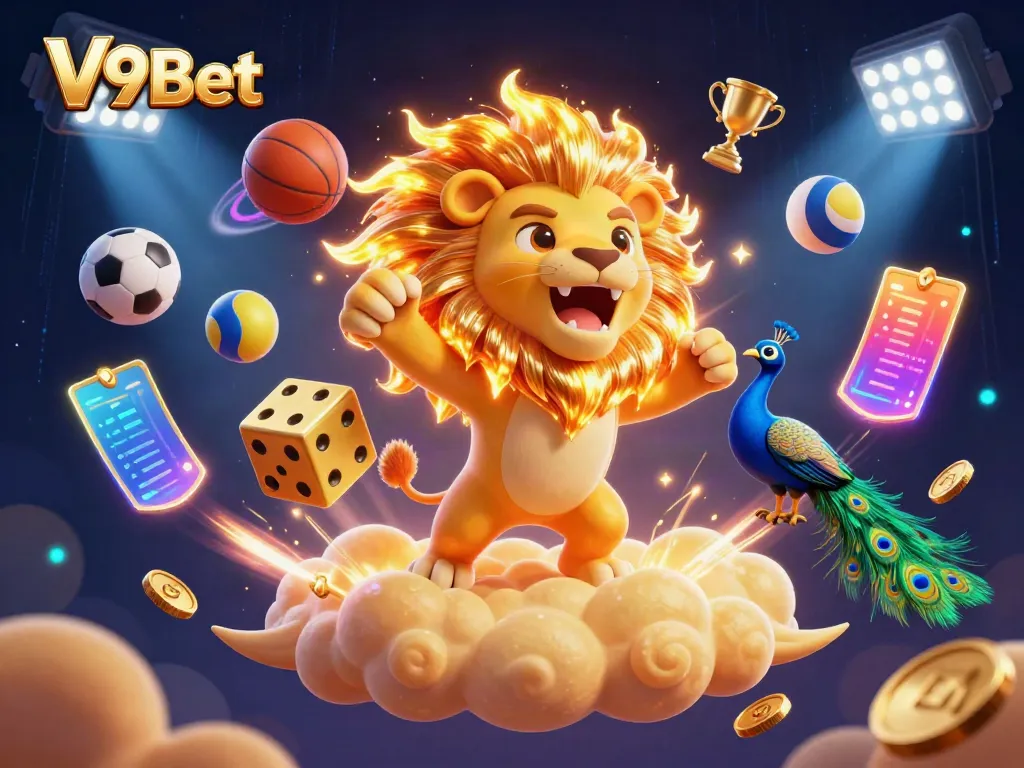 Experience thrilling wins with V9Bet's 3D cartoon sports casino illustration, featuring dynamic gameplay.