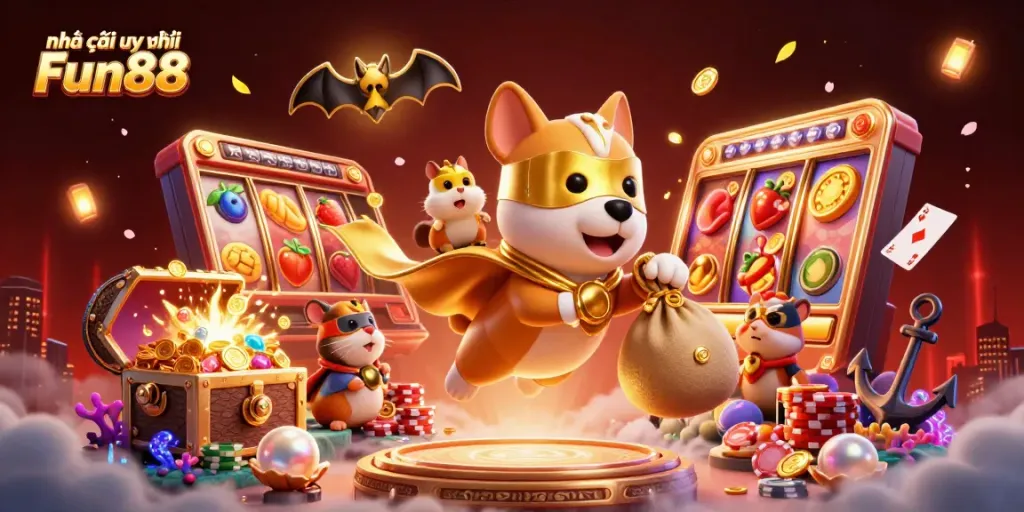 Experience the excitement with Nhà cái uy tín Fun88 as the superhero dog carries gold coins through a dynamic casino scene.