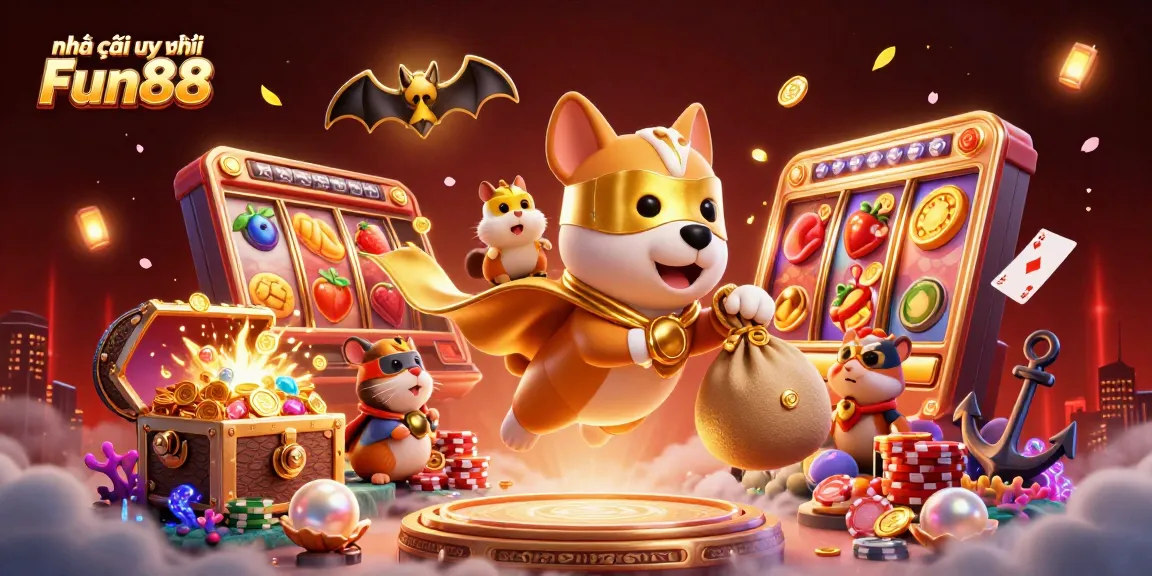 Experience the excitement with Nhà cái uy tín Fun88 as the superhero dog carries gold coins through a dynamic casino scene.