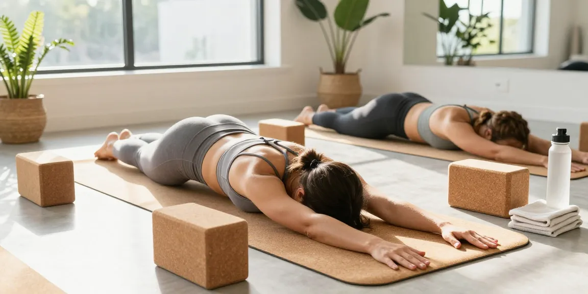 Yogamatte Set mit Block featuring a woman practicing yoga on a cork mat with blocks in a bright studio.