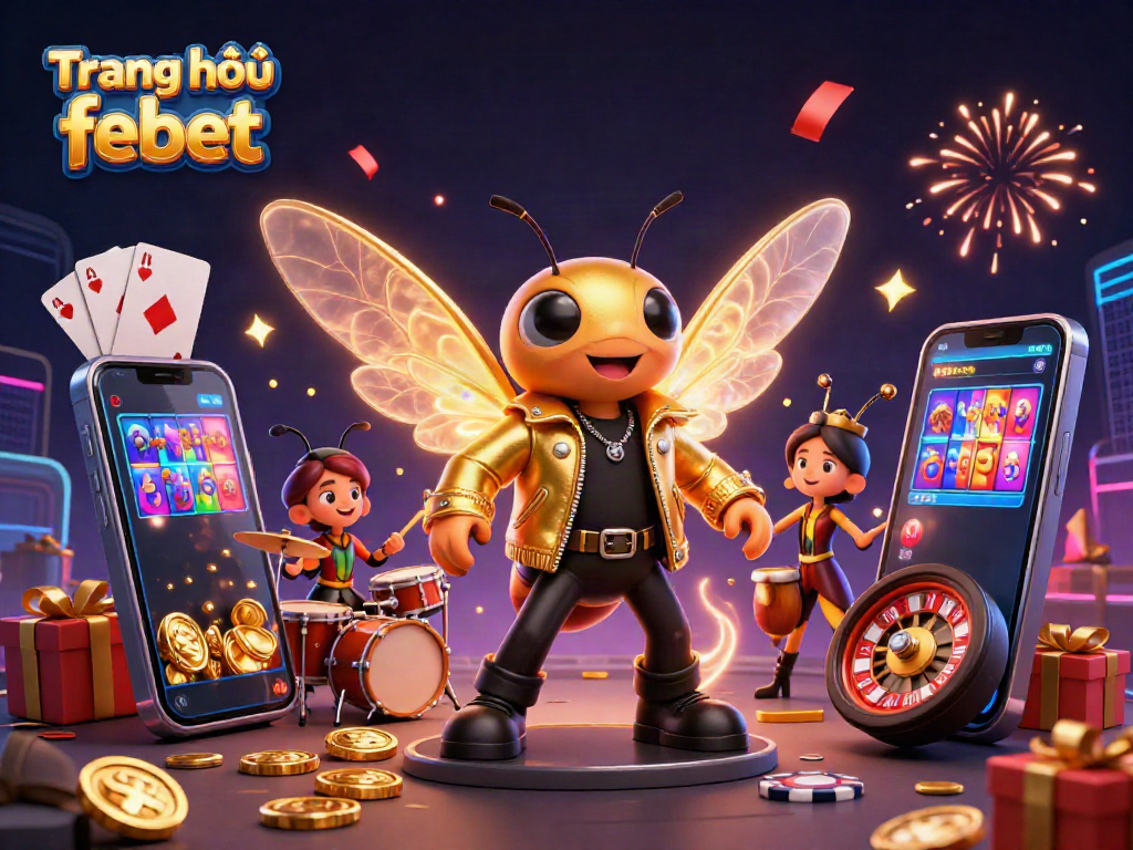 Engage with the vibrant world of "Trang chủ febet" casino games showcasing a rock star and festive elements.