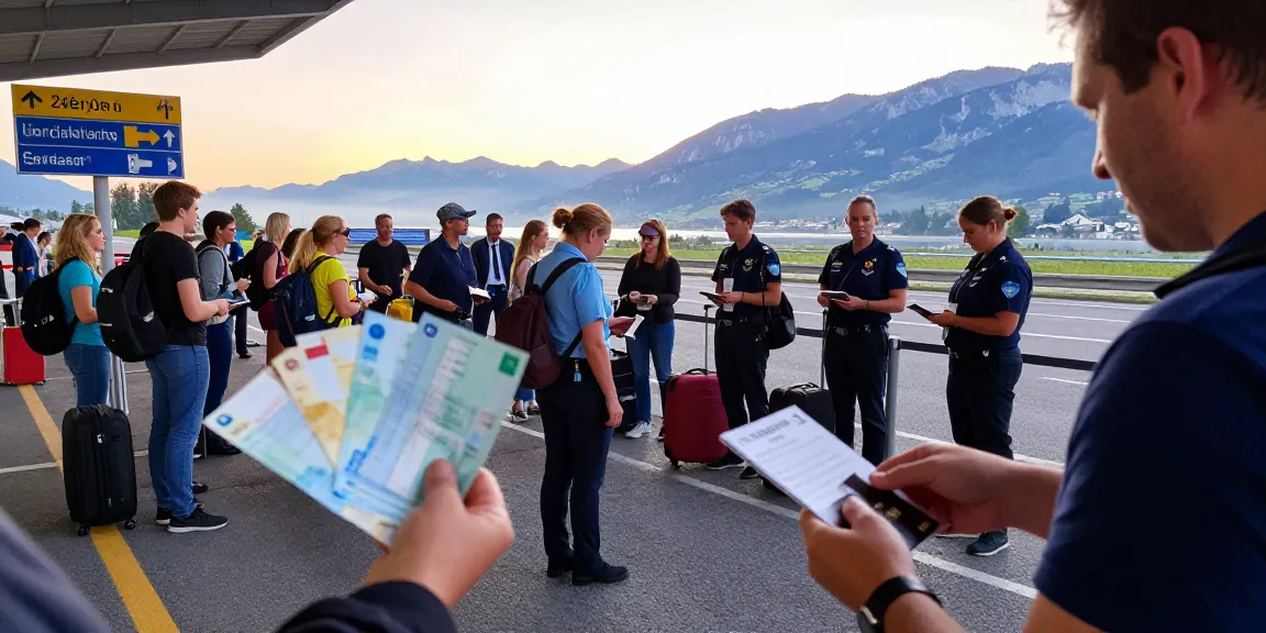 Überprüfung des Schengen-Grenzschutzes am internationalen Grenzübergang mit Reisenden und Behörden.