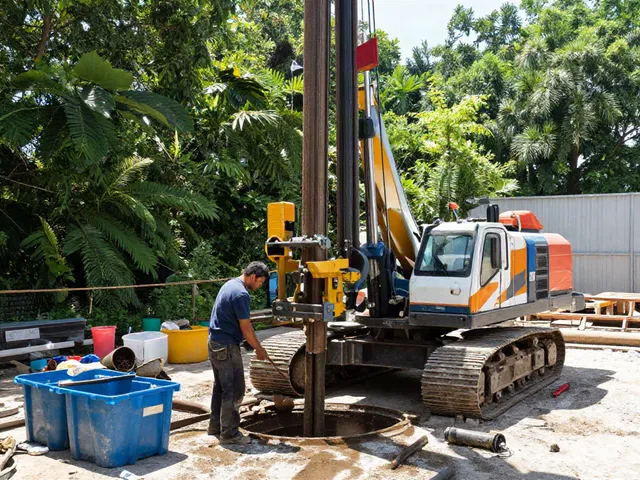 Brunnenbohrung mit modernen Geräten und Techniken auf einer Baustelle im Freien.