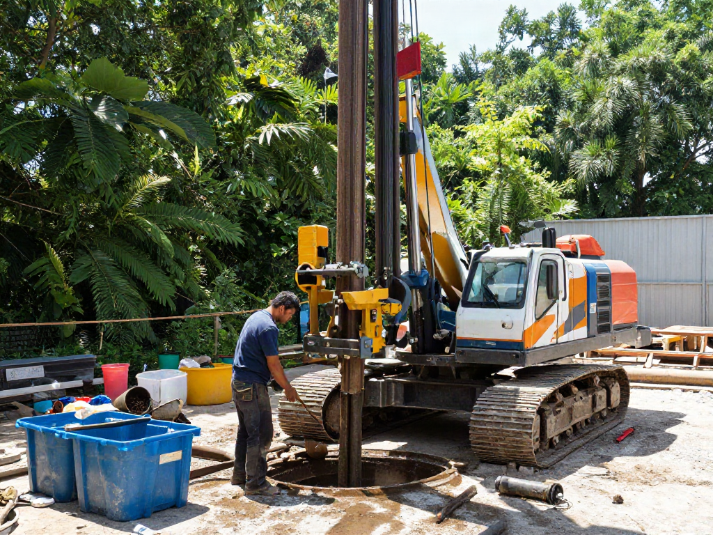 Brunnenbohrung mit modernen Geräten und Techniken auf einer Baustelle im Freien.